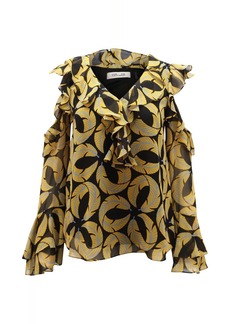 Diane Von Furstenberg Ruffled Blouse with Cut Out Shoulder Bell Sleeves in Multicolor Polyester