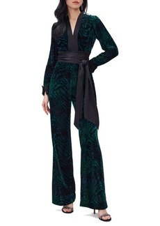 Diane von Furstenberg Vegas Tiger Print Long Sleeve Velvet Jumpsuit