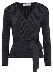 Diane Von Furstenberg Woman Bonnie Ribbed Metallic Merino Wool-blend Wrap Cardigan Black