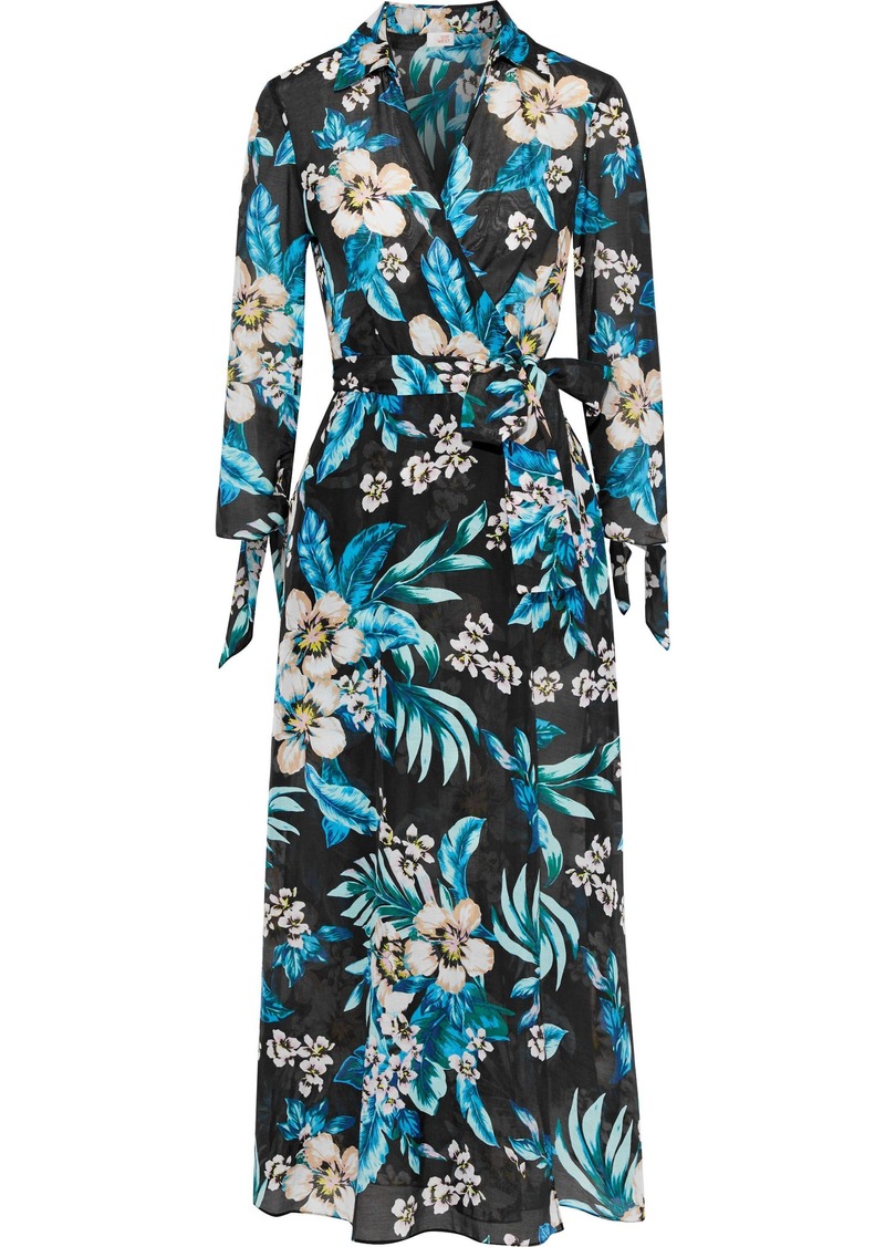 Dvf West Diane Von Furstenberg Woman Floral-print Cotton And Silk-blend Midi Wrap Dress Light Blue