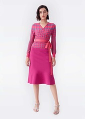 Diane Von Furstenberg Emily Ribbed Knit Wrap Top in Pink Gray Gingham