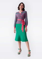 Diane Von Furstenberg Emily Ribbed Knit Wrap Top in Pink Green Gingham