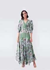 Diane Von Furstenberg Gaines Silk Crepe de Chine Maxi Dress in Fun Club Green/Willow Flower