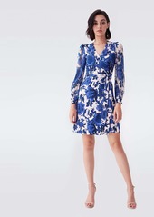 Diane Von Furstenberg Gala Silk-Jersey & Chiffon Mini Wrap Dress in Willow Patterns Pink Blue
