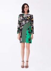 Diane Von Furstenberg Jamie Silk Crepe De Chine & Crepe Mini Dress in Bali Flower Black/3D Chain Green