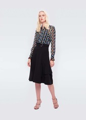 Diane Von Furstenberg Joanna Silk-Chiffon Viscose Crepe de Chine Shirt in Knit Geo Medium Black/Knit Geo Coffee Medium