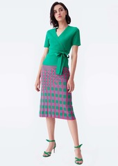 Diane Von Furstenberg Rosa Ribbed Knit Fitted Skirt in Pink Green Gingham