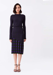 Diane Von Furstenberg Rosa Ribbed Knit Fitted Skirt in Purple Green Gingham