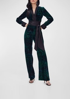 Diane Von Furstenberg Vegas Animal-Print Velvet Jumpsuit