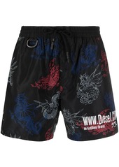 Diesel dragon-print drawstring swim shorts