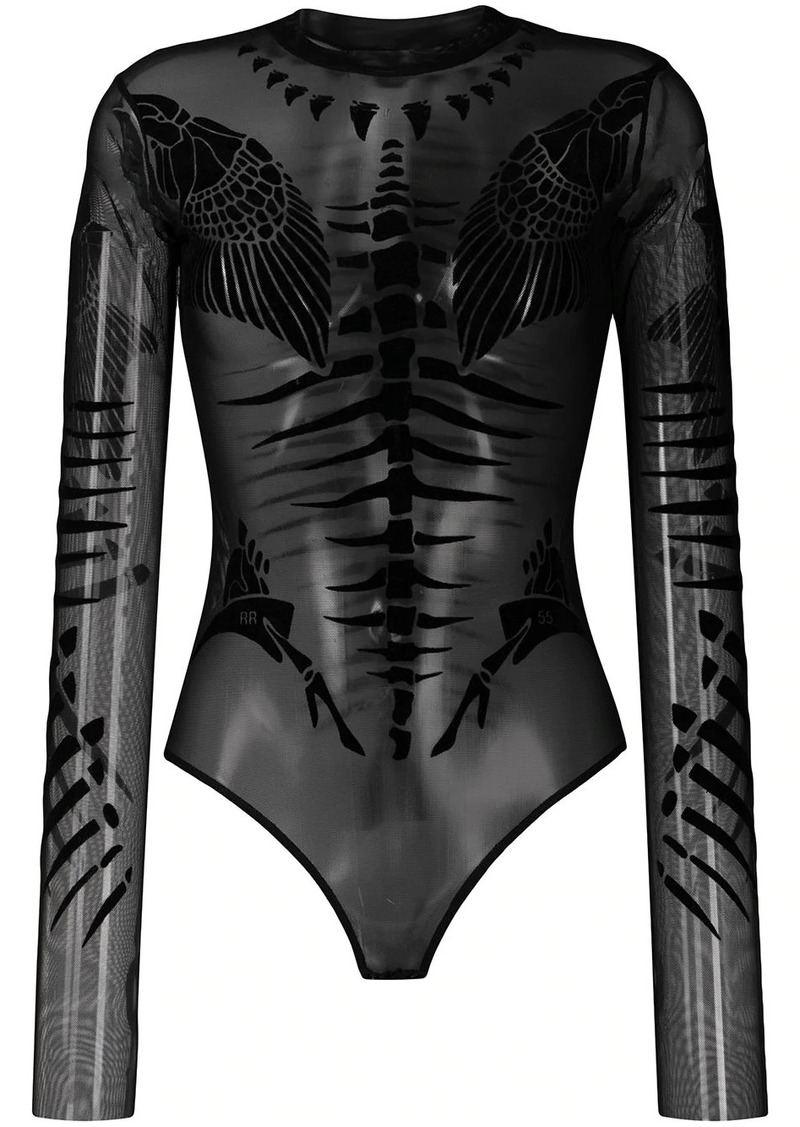 fishbone motif sheer bodysuit