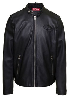 Diesel 'L-Metallo' Black Biker Jacket with Embossed Logo in Smooth Leather Man