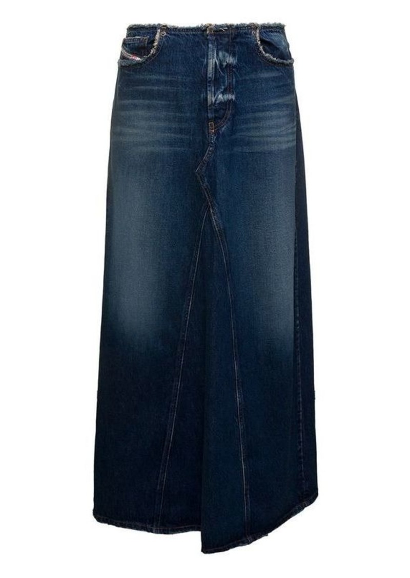 Diesel Maxi Blue Skirt with Logo Patch in Cotton Denim Woman