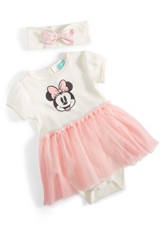 Disney Baby Girls Minnie Mouse Ribbed Bodysuit Tulle Dress & Headband, 2 Piece Set - White