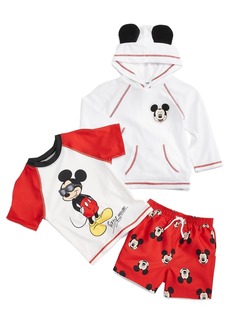 Disney Baby Mickey Mouse Hooded Terry Coverup, Rash Guard & Swim Trunks, 3 Piece Set - Red