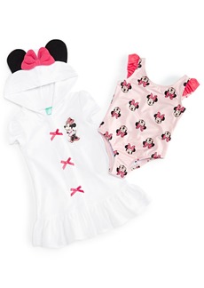 Disney Baby Minnie Mouse 2-Pc. Printed One-Piece Swimsuit & Hooded Swim Cover-Up Set - White