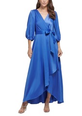 Dkny 3/4-Sleeve Belted Faux-Wrap Gown - Blue Quartz