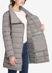 dkny asymmetrical puffer coat with fur hood