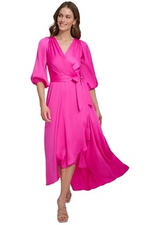 Dkny Balloon-Sleeve Faux-Wrap Gown - Power Pink