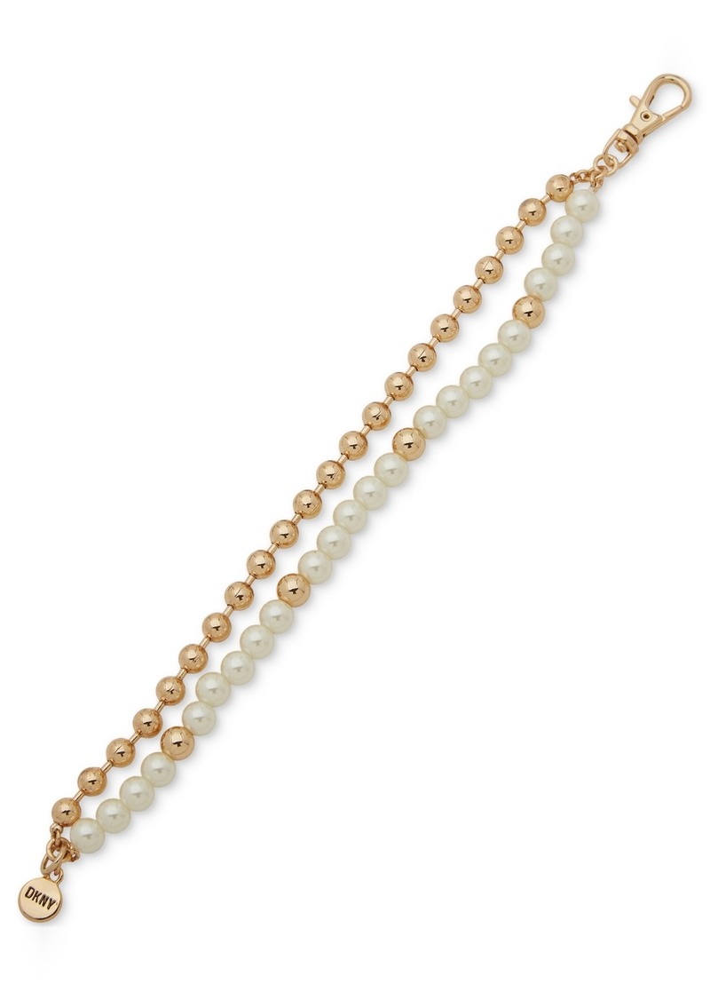 Dkny Gold-Tone Bead & Imitation Pearl Double-Row Flex Bracelet - White