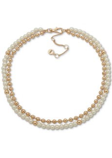 "Dkny Gold-Tone Bead & Imitation Pearl Layered Collar Necklace, 16"" + 3"" extender - White"