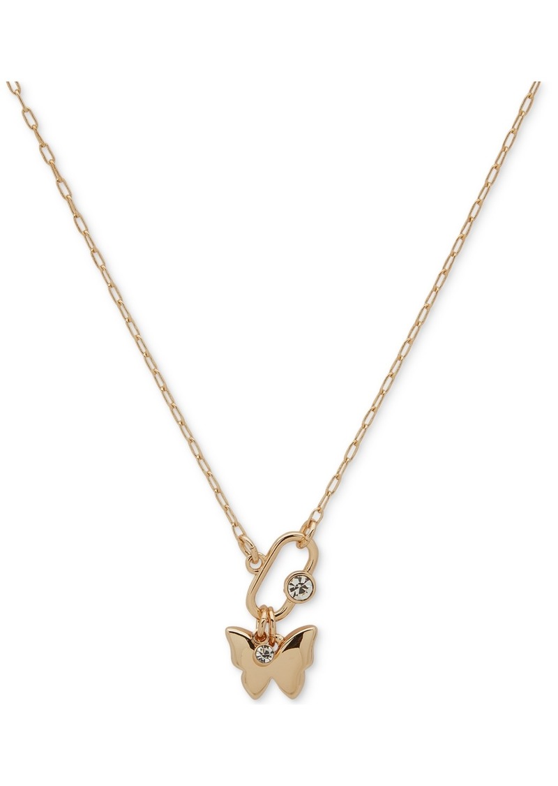 "Dkny Gold-Tone Crystal Butterfly Pendant Necklace, 16"" + 3"" extender - Crystal Wh"