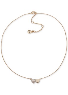 "Dkny Gold-Tone Pave Crystal Double Heart Pendant Necklace, 16"" + 3"" extender - White"