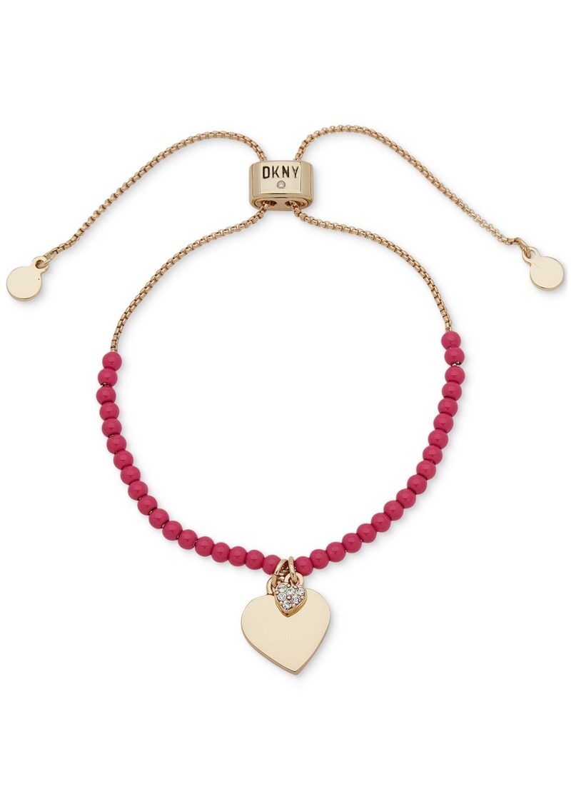 Dkny Gold-Tone Pave Heart Charm Beaded Slider Bracelet - Pink