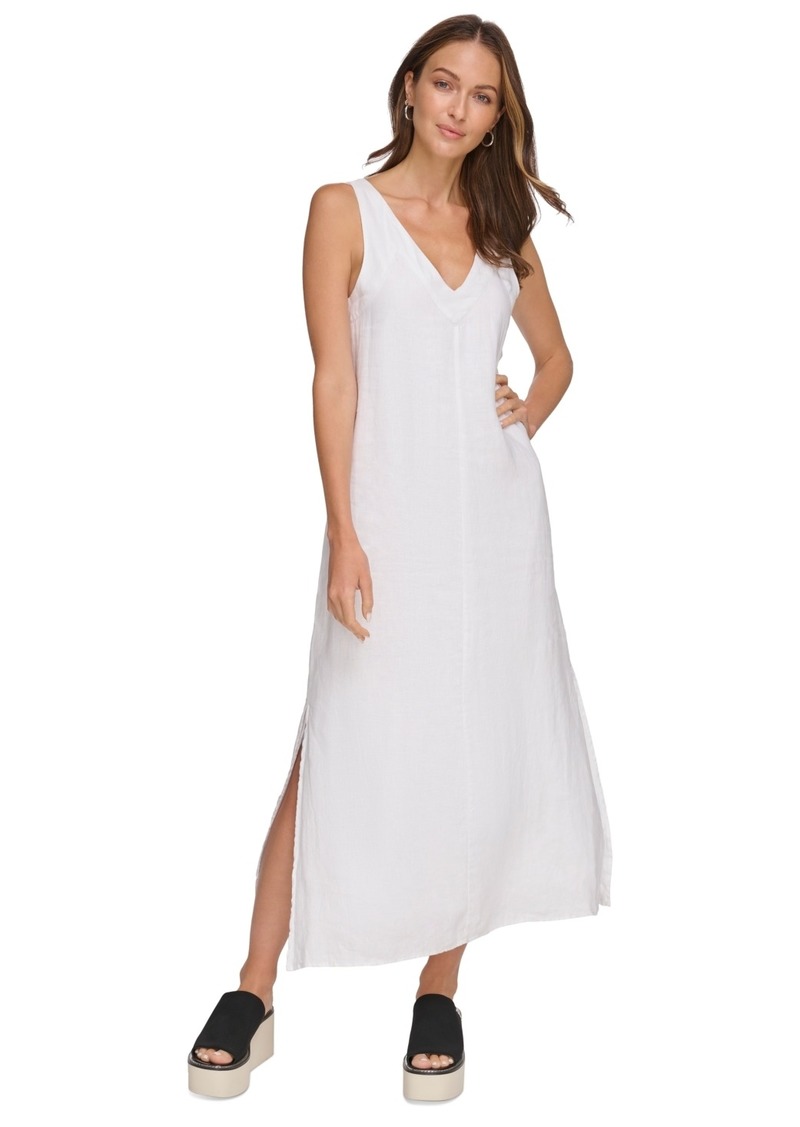 Dkny Linen V-Neck Maxi Dress - White