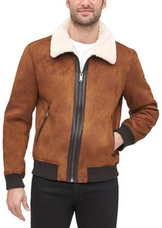 Dkny Men's Faux Shearling Bomber Jacket with Faux Fur Collar, Created for Macy's - Brown