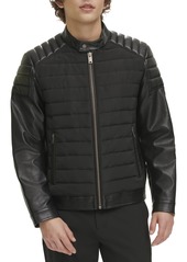 DKNY Men's Mixed Media Faux Leather Puffer Motocros Racer Jacket