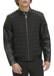 DKNY Men's Mixed Media Faux Leather Puffer Motocros Racer Jacket