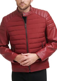 DKNY Men's Mixed Media Faux Leather Puffer Motocros Racer Jacket