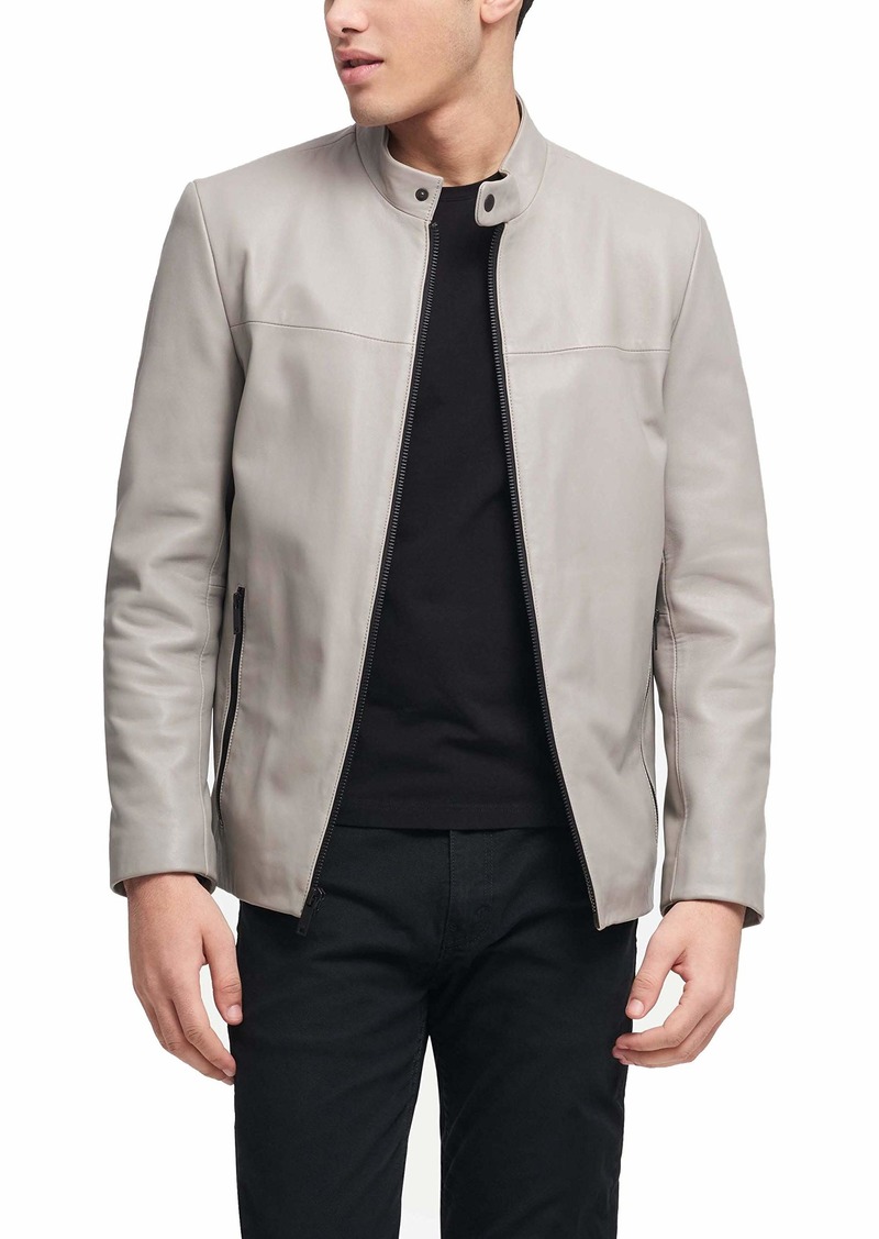 DKNY Men's Modern Lamb Leather Racer Jacket Elephant