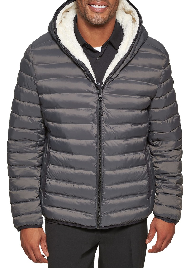 DKNY Men's Quilted Hooded Reversible Puffer Jacket with Sherpa