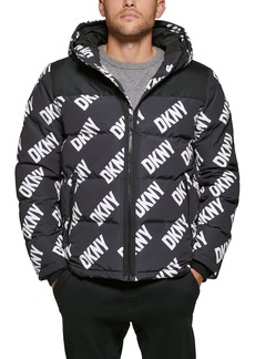 DKNY Men's Shawn Quilted Mixed Media Hooded Puffer Jacket Black Logo Print