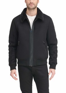DKNY mens Shearling Bomber Jacket With Collar Faux Fur Coat   US