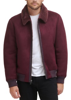 DKNY Men's Shearling Bomber Jacket with Faux Fur Collar