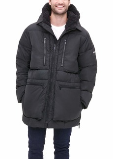 DKNY Men's Ultra Loft Full Length Quilted Parka with Sherpa Lined Hood