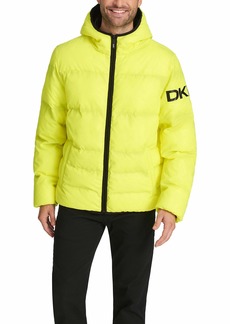 DKNY Men's Water Resistant Ultra Loft Hooded Logo Puffer Jacket yellow Reflective