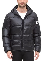 DKNY Men's Water Resistant Ultra Loft Hooded Logo Puffer Jacket black