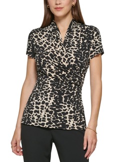 Dkny Petite Animal-Print Draped Surplice Blouse, Created for Macy's - Black/White