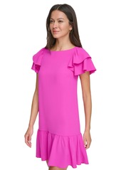 Dkny Petite Flutter-Sleeve Ruffle-Hem Dress - Power Pink