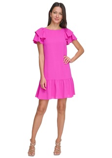 Dkny Petite Flutter-Sleeve Ruffle-Hem Dress - Power Pink