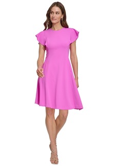 Dkny Petite Flutter-Sleeve Seamed Fit & Flare Dress - Cosmic Pink