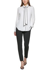 Dkny Petite Piped-Trim Button-Up Blouse, Created for Macy's - Linen White/Black