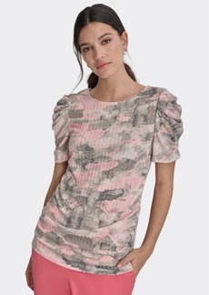 Dkny Petite Printed Crewneck Ruched-Sleeve Blouse - Lt Fatig M