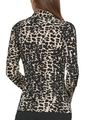 Dkny Women's Animal Print Matte Jersey Faux Wrap Top - Tan Multi
