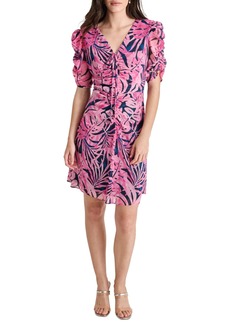 Dkny Petite Short-Sleeve Ruched V-Neck Chiffon Dress - Navy/Pink