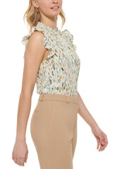 Dkny Petite Sleeveless Ruffled Printed Blouse, Created for Macy's - Parchment